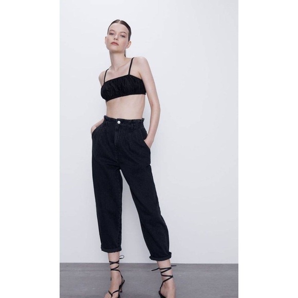 BNWT Zara Black Denim Paperbag High Waisted Jeans | Size 4 | 100% Organic Cotton - Picture 1 of 16